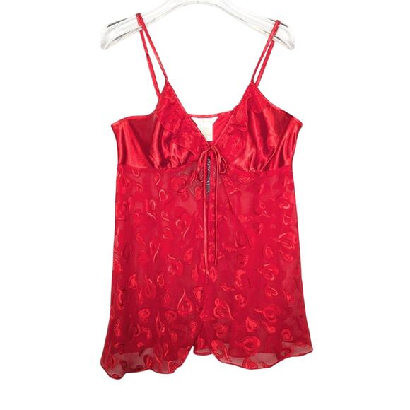 Vintage Tops - Vintage Y2K Red Satin Heart Pattern Semi Sheer Cami Top Sleeveless Bow Size L
